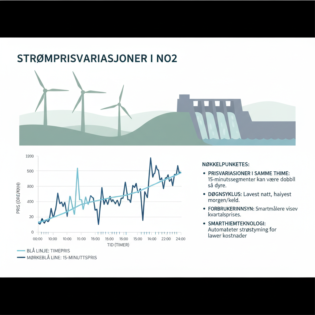 Strømpriser i NO2-området: Kvartersprisen kan variere betydelig innen samme time