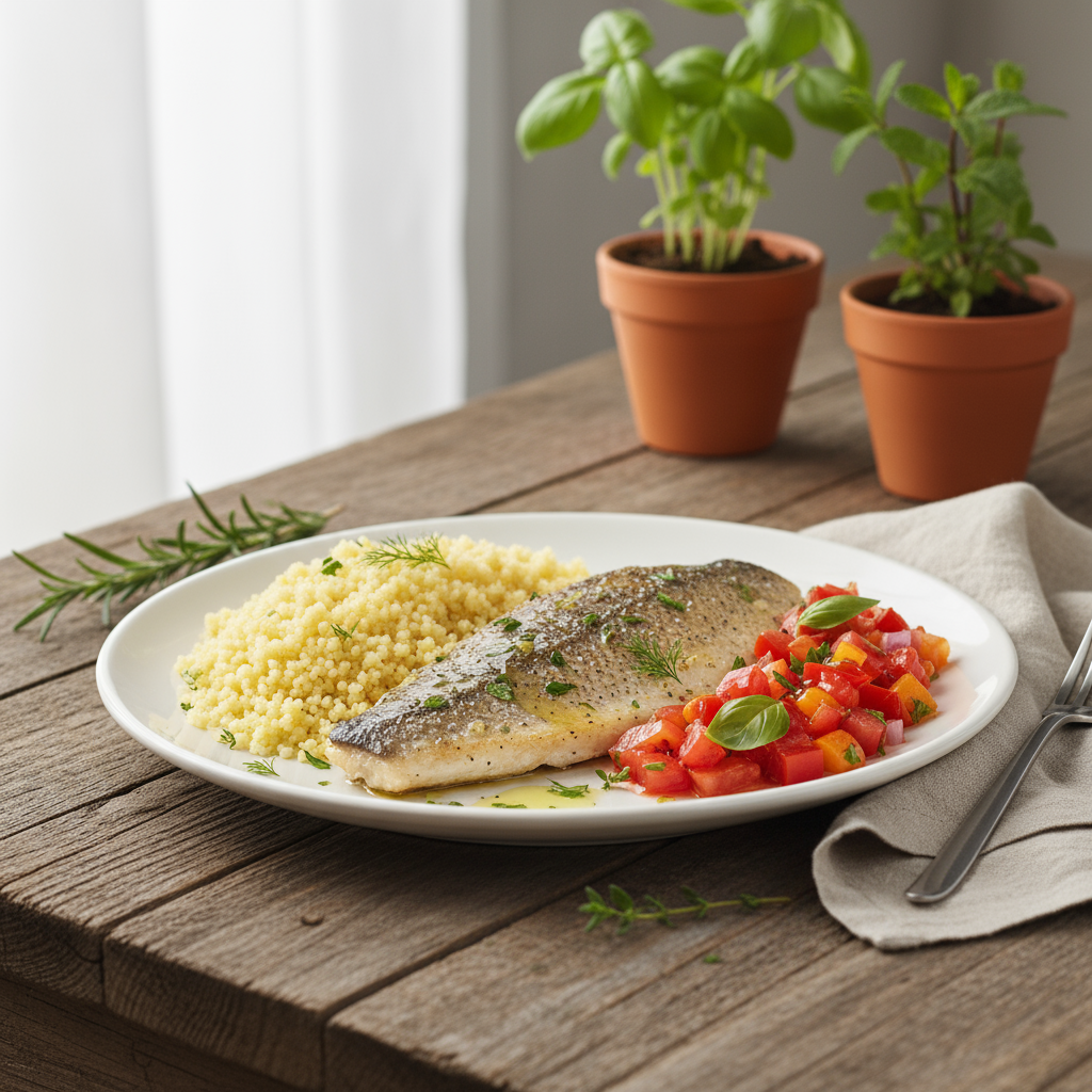 Enkel sunn middagsoppskrift med ovnsbakt havabbor og couscous