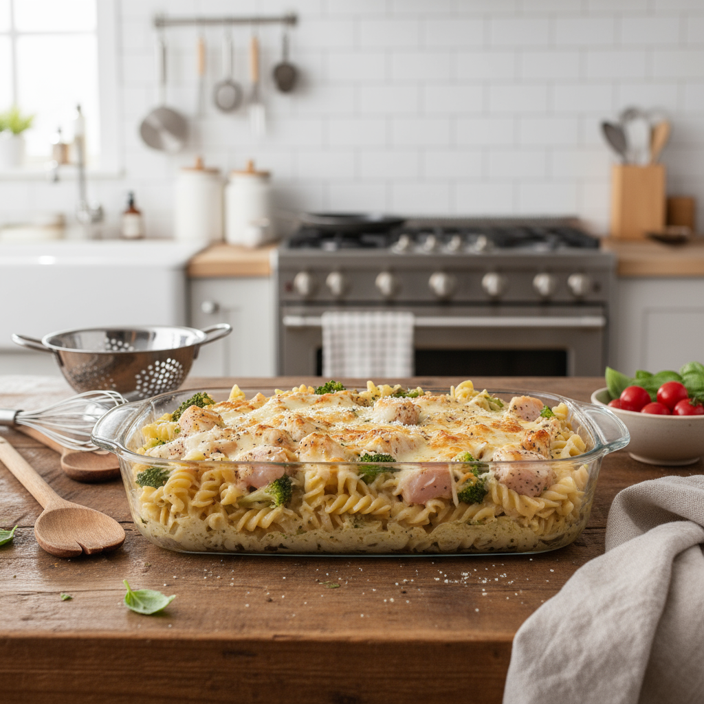 Easy Dump and Bake Chicken Alfredo Noodle Casserole for Busy Weeknights