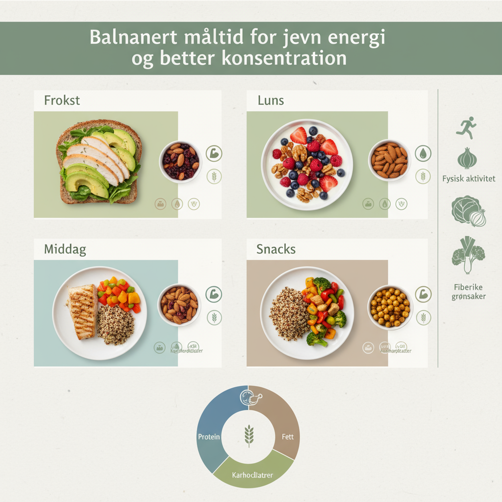 Balansert måltid med lav-GI karbohydrater for jevn energi og konsentrasjon