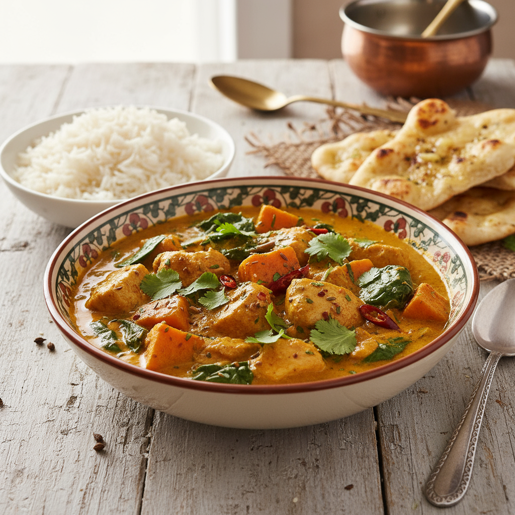 Easy Indian-Inspired Chicken Curry with Sweet Potatoes and Spinach