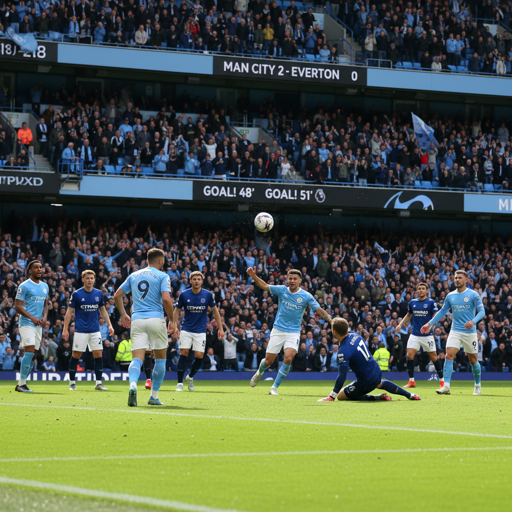 Erling Braut Haaland scorer to mål og leder Manchester City mot Everton