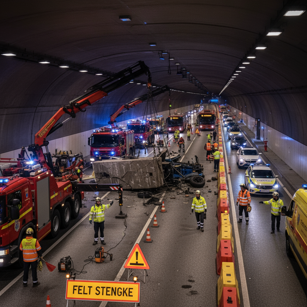 Vogntog lasta med 24 tonn betongvelter i Nygårdstunnelen i Bergen