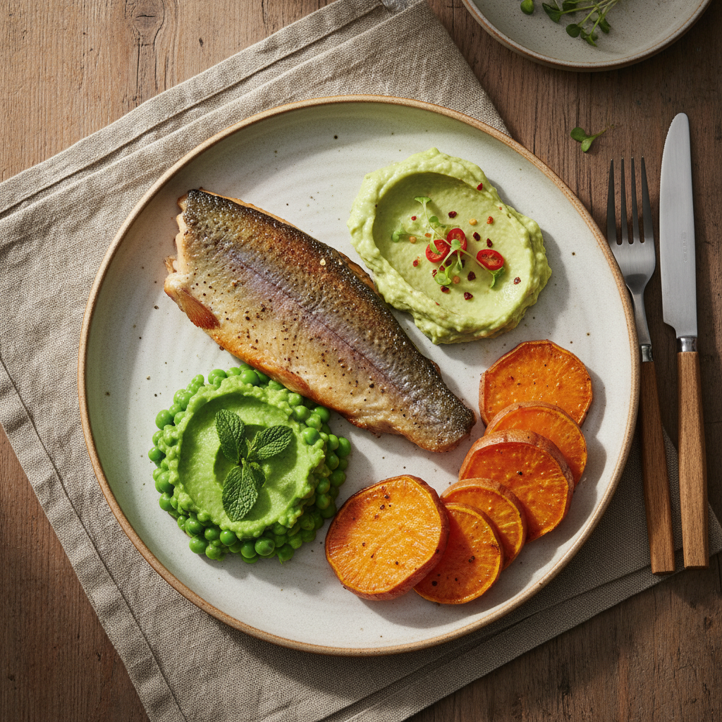 Næringsrik middag med ørretfilet, avokadokrem, ertepuré og søtpotet